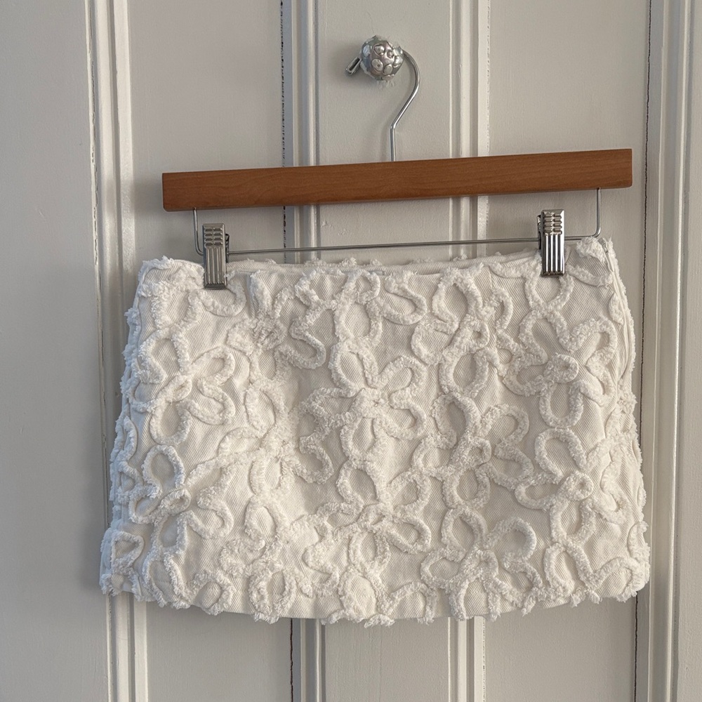 Textured white denim mini